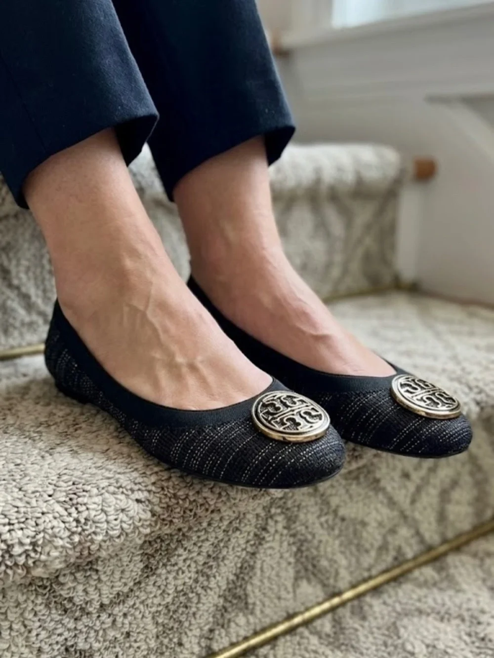 GUC Tory Burch Black Gold Glitter Caroline Ballet Flats Shoes Size 8M 8 Medium